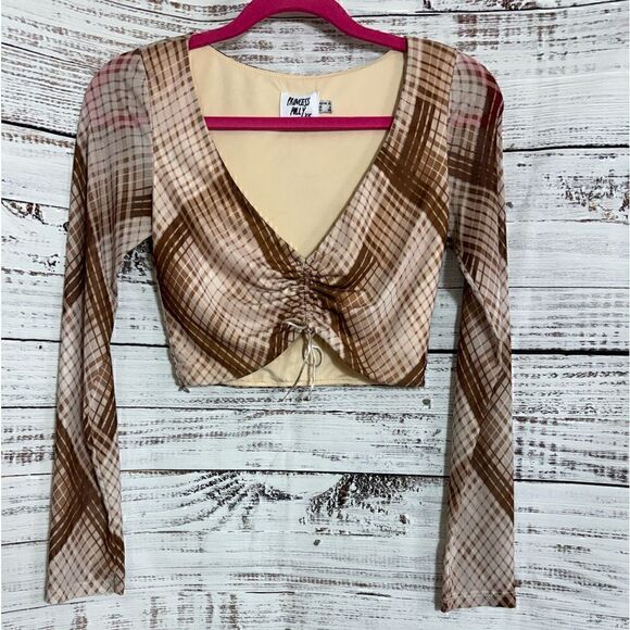 Princess Polly Top Womens Size 6 Lucille Crop Chiffon Y2K check Ruched 90s 00s - Picture 3 of 14